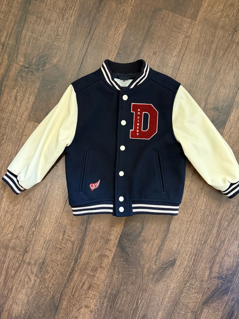 H&M Navy and Cream Varsity Jacket with Red Patch